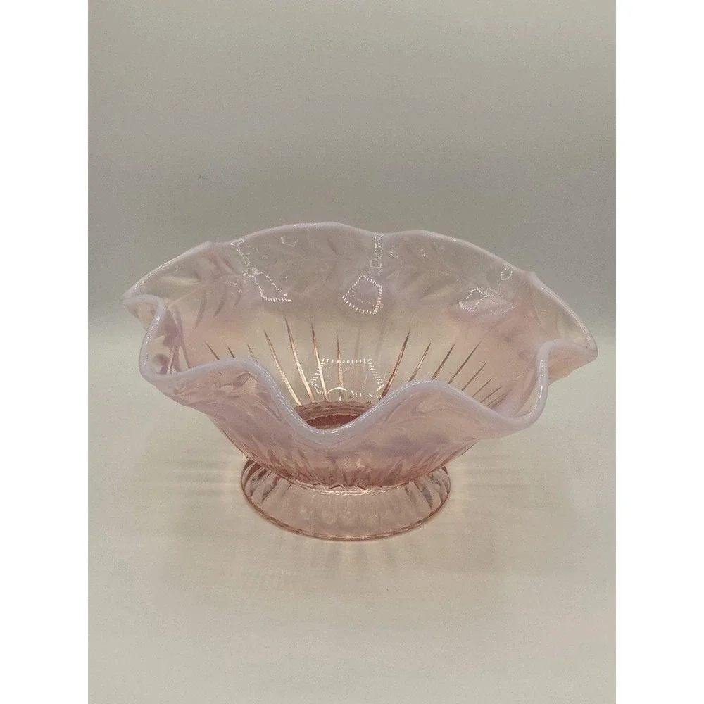 Fenton Pink Rosaline Opalescent Glass Ruffled Leaf Bowl Vintage‎ Footed Dish